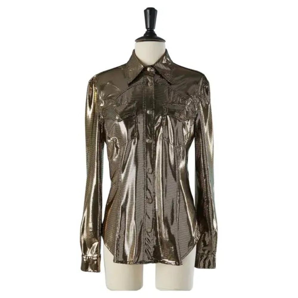 Moschino Jeans Vintage Gold Metallic Button Down Snap Blouse Shirt Top Y2K sz 42 - Picture 4 of 10